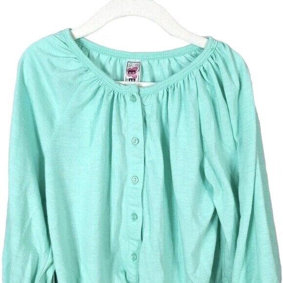2/$15 Beautees Girls Button Front Top Green Med Tie Hem Long Sleeve Round Neck - Picture 2 of 7